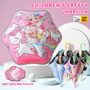 Umbrella for Kids Girl Pink Cartoon UV Protection Long Handle for Sun and Rain Automatic Umbrella
