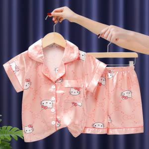 Hello Kitty Kuromi Boys Girls Kids Pajama Sets Anime Sanrios Cartoon Short Sleeve T-Shirt Tops Pants Children Pijamas Sleepwear