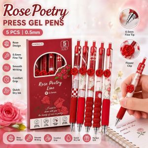 Retractable Flower Gel Pen Set 5 Pcs 0 5mm Black Ink Quick Dry Cute Rose Clip For School