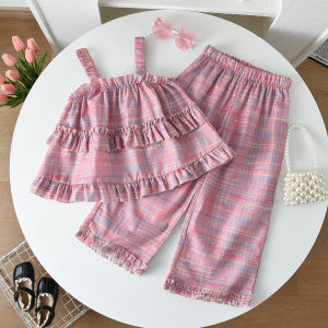 Bear Leader 3 to 7 Years Kids Outfits for Girl Pink Plaid Ear Edge Tank Tops and Print Wideleg Pants 2Pieces Sets 2025 Summer New Clothes Fashion Suits Baby Girls Stripe Clothing