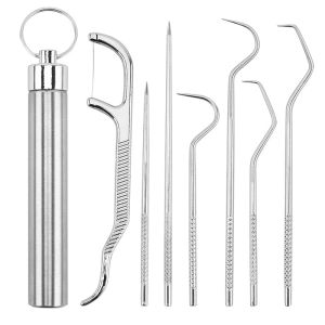 7pcs Set Toothpick Pocket Set Stainless Steel Oral Cleaning Tooth Flossing Portable Reusable Toothpick Floss Teeth Cleaner with Storage Box