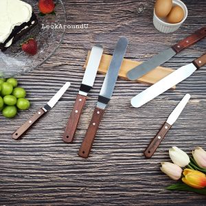 สปาตูล่า สปาตูล่าด้ามไม้ 4 6 8 สปาตูล่าสแตนเลสเนื้อหนา สปาตูล่าตรง/งอ ที่ปาดครีมเค้ก Stainless Steel Spatula