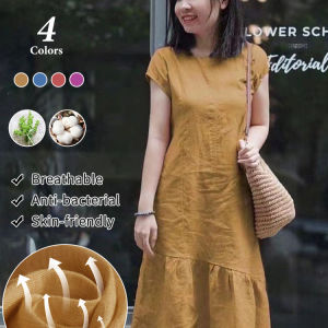 Short-Sleeved Round-Neck Dress for Women Perfect for Casual Occasions / Solid color simple midi skirt