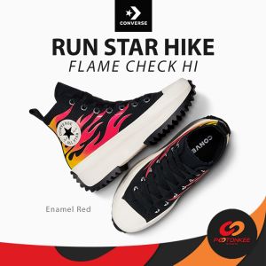 Converse RUN STAR HIKE FLAME CHECK HI รองเท้าข้อสูง ผ้าแคนวาส ลายพิมพ์เปลวไฟสีสันสดใส