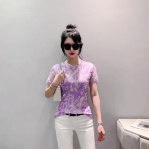 Ammin 2024 đơn giản Mới Mùa Hè cổ tròn thời trang sợi Áo phông in hoa ngắn tay lưới phụ nữ vui vẻ phong cách Hàn Quốc cây in hoa kích thước lớn màu tím Áo Blouse thanh lịch giản dị