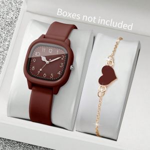 TANTUANG 2PCS/Set Square Dial Women Quartz Watch Heart Bracelet Quartz Movement Women Watch Casual Silicone Strap Arabic Dial Watch Women Girl