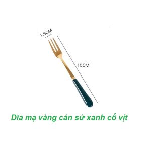 Thìa dĩa mạ vàng cán sứ màu xanh nĩa ăn trái cây / muỗng cà phê dài 15cm