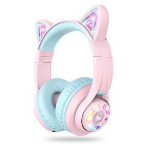 iClever BTH13 Bluetooth Headphones Cat Ear LED Light Up Wireless Kids Headphones with Volume Limited (74/85/94dB) 45H Playtime Children Headphones with MIC Over Ear for School/Tablet/PC