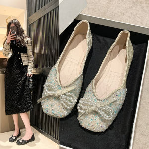 Single Shoes Womens Spring New Ins Net Red Bow Rhinestone Beanie Shoes Gentle Fairy Style Evening Shoes