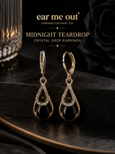 [SG] Midnight Teardrop Crystal Drop Earrings | Black & Gold Dangle Earrings | Elegant Sparkle Earrings | ear me out (EMO-197)