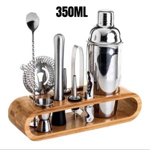 Ready stock - Cocktail Bamboo Stand Set Stainless Steel Shaker Mixer Jigger Ice Tong Pourer Bar Set 350ml/ 550ml/750ml