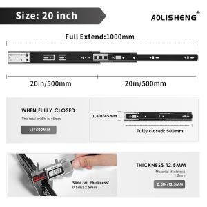 AOLISHENG 1 Pair Push to Open Drawer Slides 12 14 16 18 20 22 24 Inch 100 lb Load Capacity Side Mount Handleless Ball Bearing Full Extension Touch Open Rails Cabinet Metal Runner Dresser Glide Black