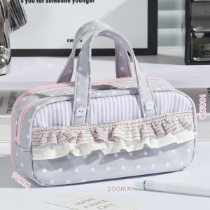 Simplicity Plaid Ruffle Pen Bag Zipper Design Large Capacity Pencil Case Portable Stationery Organizer Girls Student Back To School