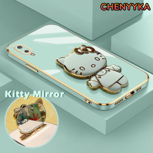 CHENYYKA Casing Ponsel untuk Samsung A02 M02 A03 Core A04 A04E M04 F04 A02s M02s F02s Case silikon HP pelindung lensa penuh Casing ponsel dudukan ponsel lipat cermin Kitty kreatif Kesing lunak pelapis mewah Softcase