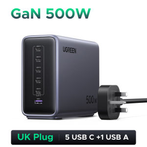 UGREEN 500W GaN 6-Port Fast Charger 5C1A 5 Type-C 1 USB-A Charger for Laptop Power Adapter MacBook Pro/MacBook Air M3 M2 M1 iPad Air M2 13" 2024 Dell XPS iPad Mini/Pro Galaxy S25 S24 Ultra Z Fold5 M14 Z Flip5 Pixel and More