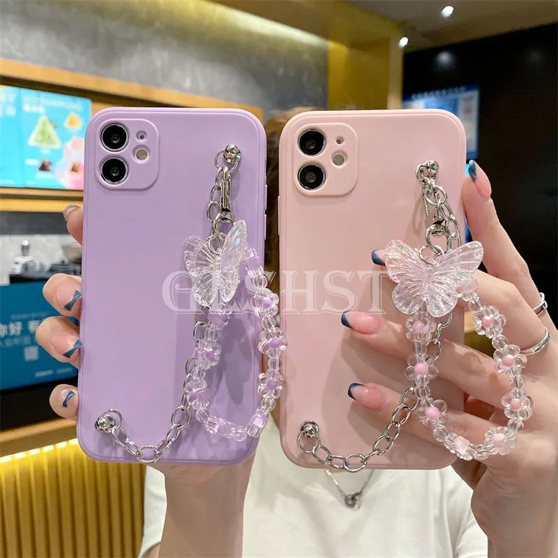 Butterfly Chain Phone Case Compatible For iPhone 13 11 12 Mini Pro Max X XS MAX XR 7 8 6S 6 Plus SE 2020 Fashion Bracelet Keychain Casing Soft Liquid Silicone Solid Color Cover Lazada PH