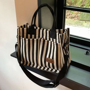 YOCKY Large Capacity Stripe Canvas Tote Bag Korean Style Simple Shoulder Bag Temperament Fashion Cloth Handbag Girls