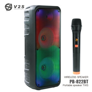 V2S PB821BT 8-inchx2 Dual Bass Bluetooth Speaker With LED Light and Wireless Digital Microphone