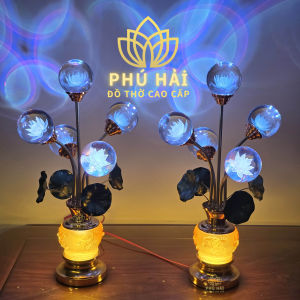 Đôi Đèn Thờ Cầu Thủy Tinh Hoa Sen Siêu Đẹp Đổi Màu - Cao 53 Cm - HCM KM : TẶNG LED DỰ PHÒNG