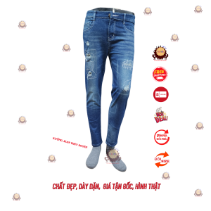 Quần jean nam XANH ĐẬM RÁCH 57 BO CHỈ thời trang siêu đẹp chuẩn quần bò nam chất giãn có size đại K