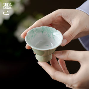 墨己手绘釉下彩花口小高足茶杯功夫茶具家用陶瓷单杯品茗杯小号