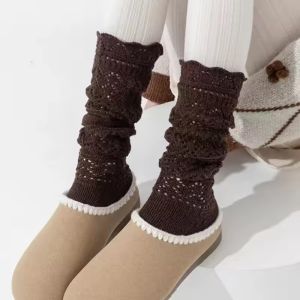 New Autumn Winter Women Knitted Socks Hollow Out Design Mid-Calf Pure Stockings Comfort Versatile Long Stocking