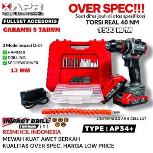 APR Bor Impact drill BRUSHLESS type AP34+ 13mm keyless auto lock 2 baterai bor besi kayu driver sekrup