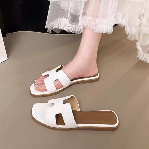 New Womens Flat Sandals Premium Square-Toe Leather Made Strap Slippers For Women