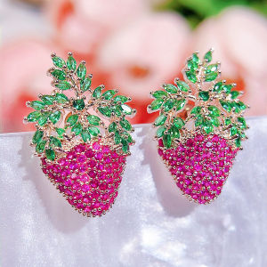 SEQUITO Charming Women Jewelry Pave Setting Red Green AAAAA Cubic Zirconia Yellow Gold Plated Sweet Strawberry Shape Big Stud Earrings Party Clothing Accessories SE947