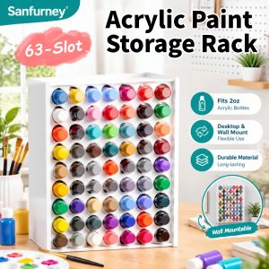 SANFURNEY 63-Slot Acrylic Paint Storage Rack for 2oz Bottles Desktop & Wall Mount Fits Apple Barrel & FolkArt Craft Paint Organizer