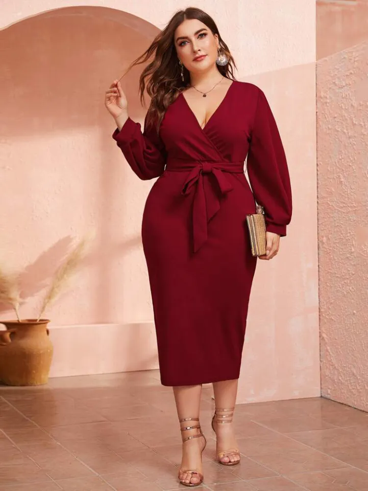 S155 Urban Outfits Surplice V-neck Self Belt Long Sleeve Plus Size Dress