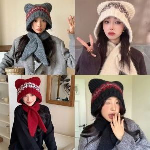 CANICECA Bear Ear Knitted Scarf Hat Thickened Windproof Ear Protection Cap Cute Cold-proof Beanies Cap for Women
