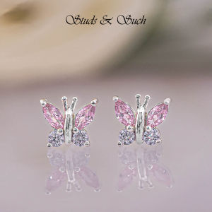 [Studs & Such] 925 Silver Mini Butterfly Stud Earrings With Light Pink & Blue Cubic Zirconia