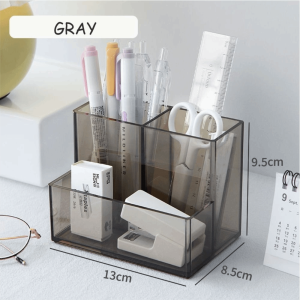LYMEDIA Square Acrylic Pen Holder Three Grid Transparent Pencil Rack Stationery Storage Rack School