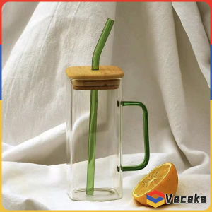 Vacaka 400ml Creative Square Borosilicate Glass Cup with Colored Handle and Bamboo lid & Glass Straw Juice/Coffee/Tea Cups