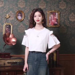 Ammin 2024 đơn giản Mới Mùa Hè cổ tròn thời trang khoét lỗ lưới tay ngắn áo voan phụ nữ ngọt ngào đính cườm nơ tôn tạo áo blouse thanh lịch