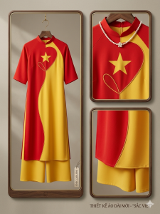 Áo Dài Dáng Suông Nữ Cờ Đỏ Sao Vàng Hoa Sen Lụa Cao Cấp - AD078