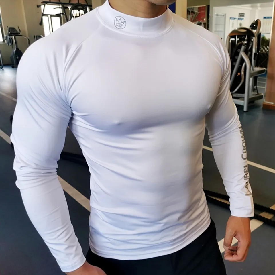 Ready】Men Compression Shirt Letters Half Turtleneck Solid Color