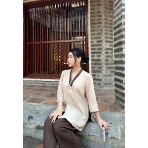 Pháp phục lễ chùa bigsize Thiên Di đồ lam nữ truyền thống chất đũi vân nhẹ nhàng cho phật tử D07
