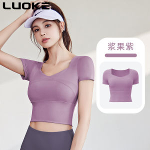 Luoke Yoga Shirts with Bra Pads Padding Sports Quick Drying Running Jogging Slim Fitness Short Sleeves T-shirt for Women