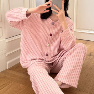 Comfortable Suede Striped Pajamas Autumn Winter Womens New Warm Color Button Cardigan Long Sleeved Sleepwear Sweet and Simple Casual Home Wear Set