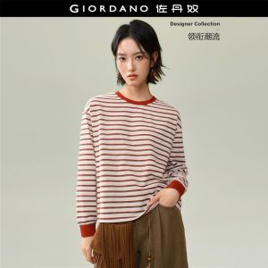 Giordano Women Contrast trim striped long sleeve knit tee Free Shipping 18326832