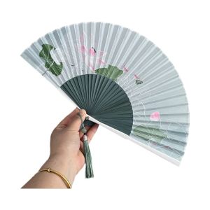 FOUNDTWO Retro Folding Hand Fan Lotus Design Classical Chinese Style Fan Decorative Wooden Handle Handheld Fan Summer