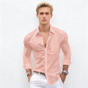 Mens Shirt - New Spring-Autumn Style Business Casual Solid Check Pockets Design Collar Buttoned Long-Sleeved Shirt