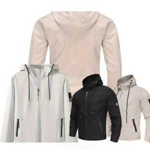Mens hooded jackets with zippered pockets and drawstrings in beige light gray and black.