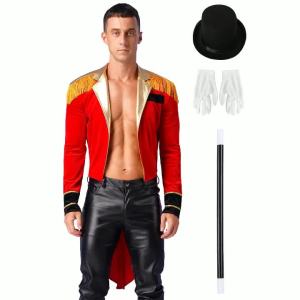 Men Magician Circus Cosplay Costume Long Sleeve Lapel Tassel Shoulder Jacket Tailcoat Hat and Gloves Magic Wand Ringmaster Set2026