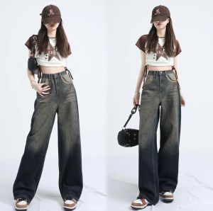 chen shop กางเกงยีนส์ขายาวเอวสูงทรงกระบอก ตกแต่งกระเป๋า  วินเทจ แนวสวยสุดฮิตวัยรุ่นมากๆ