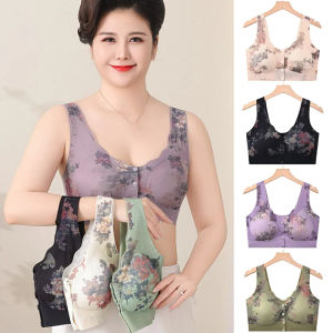 REEBO Floral Mothers Wireless Bra Large Size Front Buckle Mid-aged Elderly Brassiere Soft Lingerie Seamless Underwear Female