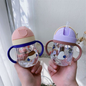 GUOYIHUA ถ้วยน้ำเด็ก 300ml พร้อมฟางและที่จับกันลื่นสำลักหลักฐานการตกแก้วน้ำพลาสติกสำหรับเด็ก