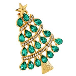 FUNG Enamel Christmas Tree Brooch Alloy Full Rhinestones Christmas Crystal Pins Fashion Green Rhinestone Brooch
